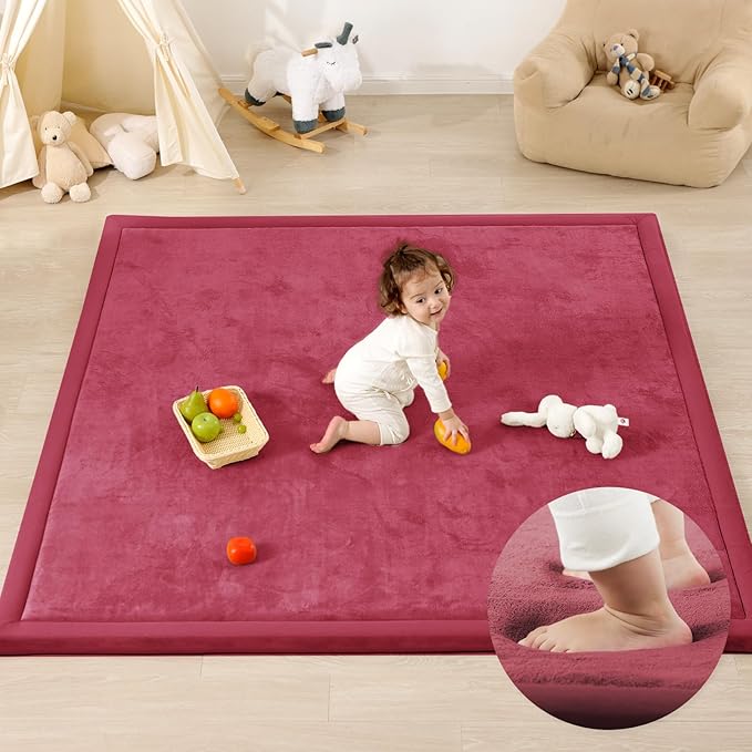 1.3" Thick Baby Play Mat for Floor, 39x59 Foam Tummy Time Mat, Padded Support Soft Plush Nursery Rug for Infant Kids Toddler Crawling Kick Activity (Burgundy)