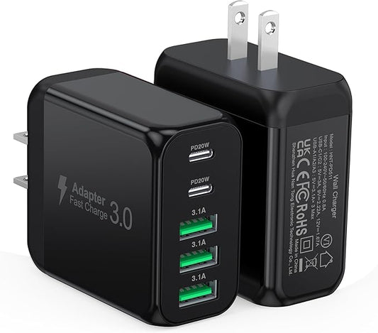 [2-Pack]50W USB C Wall Charger Block, 5-Port C Charger Fast Charging Block PD Power Adapter +QC 3.0 Multiport Type C Box Brick Cube USB A Wall Plug for iPhone 16/15/14/13 Pro Max,Samsung Galaxy(Black)