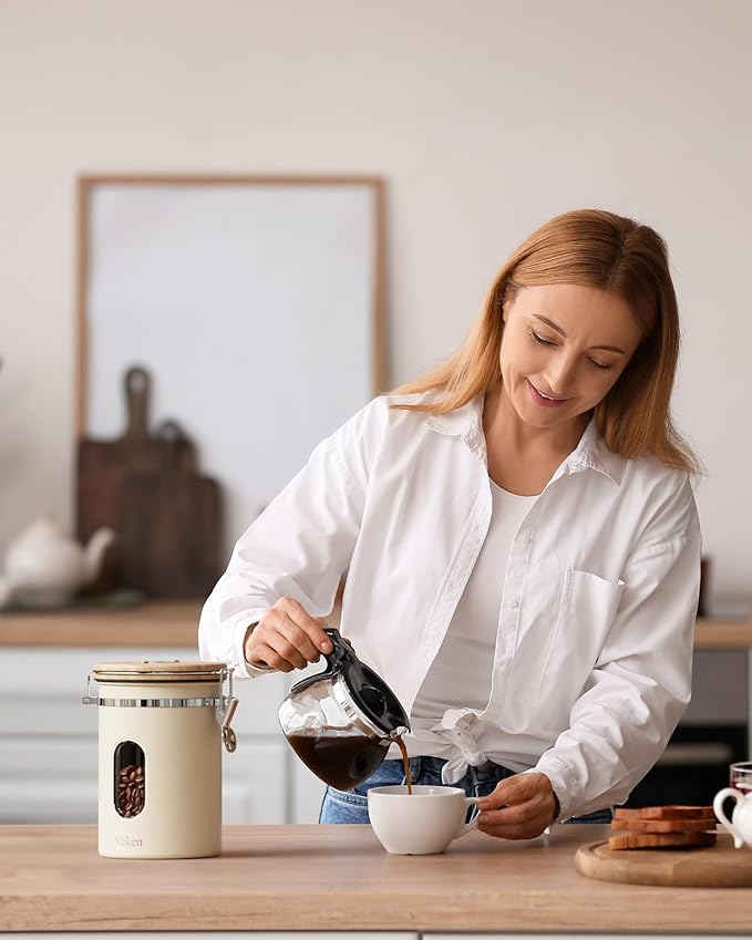 Veken Coffee Sugar Canister with Window, Coffee Lover Gift Set,Airtight Stainless Steel Kitchen Food Storage Container Gifts, Date Tracker & Scoop for Grounds Coffee,Beans,Tea,Flour,Cereal,22OZ,Cream