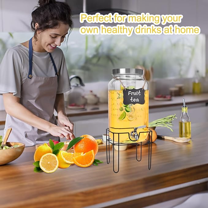 2 Gallon Glass Drink Dispenser, Drink Dispenser for Parties, Beverage Dispenser with Stand, Fruit Infuser, 100% Leakproof Spigot, Ideal for Lemonade, Juice, Iced Tea, Laundry Detergent Dispenser