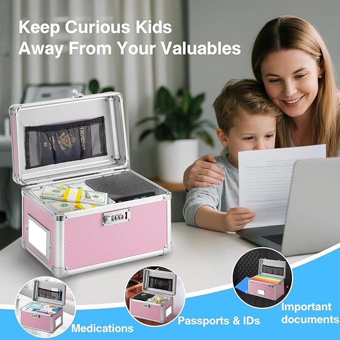 11 x 7 x 8.3 Inch Lockable Storage Box with Combination Lock, Portable Safe for Documents, Medicine, Cash & Valuables, Medicine Lock Box with Label Slot for Home, Office & Travel - Pink