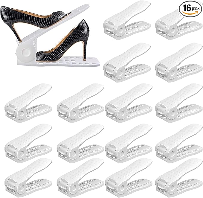 YIHATA Shoe Slots Organizer, Adjustable Shoe Stacker Storage Space Saver, Double Deck Shoe Rack Holder for Closet Organization, Thickening Quality Upgrade (16Pack, White)