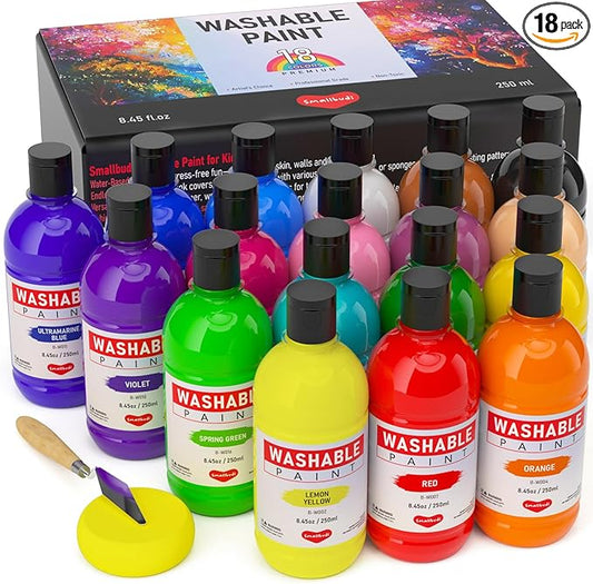 18 Colors Large Washable Paint Set for Kid (8.45oz,250 ml), Bulk Paint Supplies Non Toxic Children Tempera Paint for Art, Craft, DIY, Poster & Finger Paint, Face, School Home Classroom Party