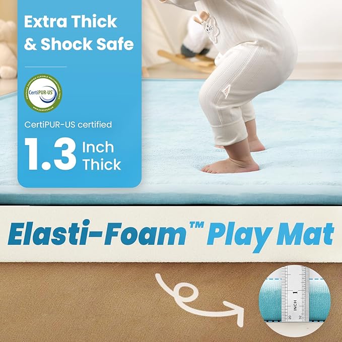 1.3" Thick Baby Play Mat for Floor Playpen, 50x50 Foam Tummy Time Mat, Padded Support Soft Plush Nursery Rug for Infant Kids Toddler Crawling Kick Activity (Ice Blue)