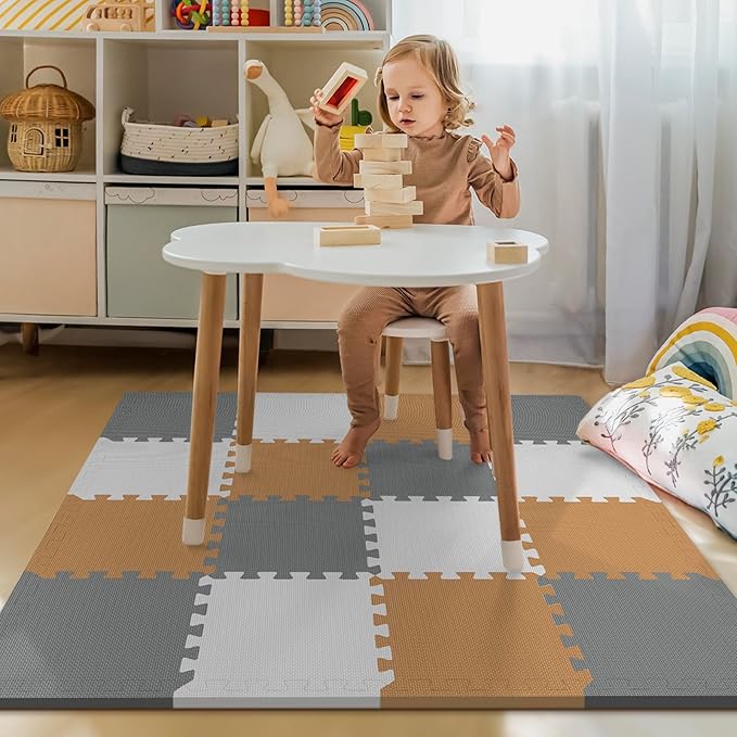 16 Tiles Baby Play Mat for Floor, EVA Foam Baby Floor Play Mat with 0.6 Inch Thick Interlocking Foam Tiles, Foam Floor Tiles for Baby, Toddlers and Kids (White-Brown-Grey, 16PCS)