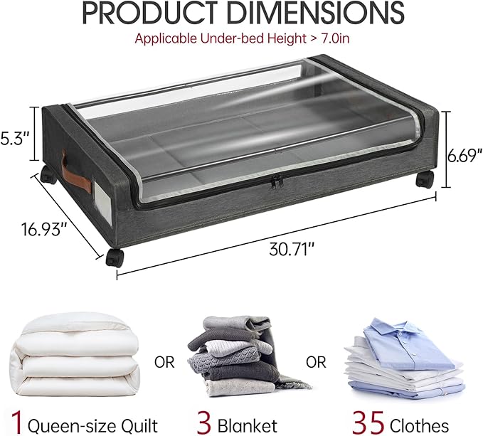 Yecaye Under Bed Storage with Wheels, 4 Pack 60L Under Bed Rolling Storage with Clear Window & Label, Underbed Storage Containers, Rolling Under Bed Metal Drawer for Clothes, Shoes, Toys, Books