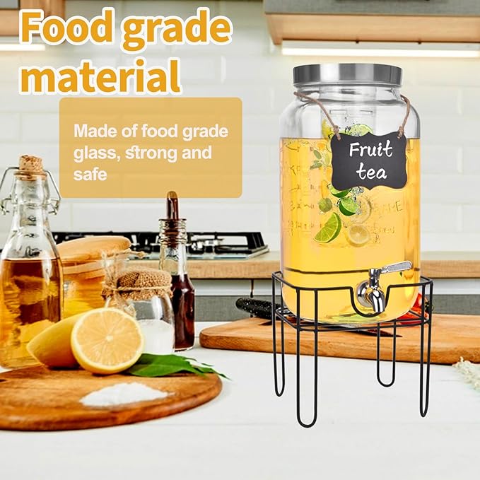 2 Gallon Glass Drink Dispenser, Drink Dispenser for Parties, Beverage Dispenser with Stand, Fruit Infuser, 100% Leakproof Spigot, Ideal for Lemonade, Juice, Iced Tea, Laundry Detergent Dispenser