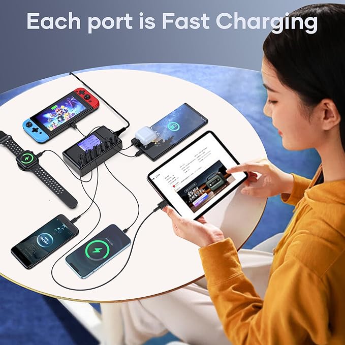 152W Charging Station, 8-Port Desktop USB-C & USB-A Charger Hub, 20W 4xUSB-C & 18W 4xUSB-A, Compatible With iPhone 15/14/13 Pro/Max, iPad, Samsung Galaxy Note S23