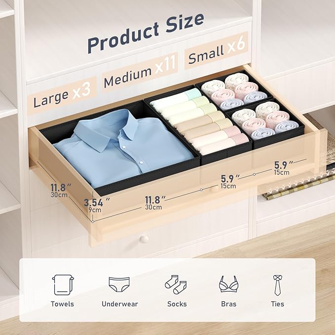 DIMJ Drawer Organizer Clothes - 20 Pack Closet Drawer Organizer Bins for Baby Clothes Storage, Fabric Dresser Organizer for Nursery Bedroom, Foldable Small Drawer Dividers for Underwear Socks