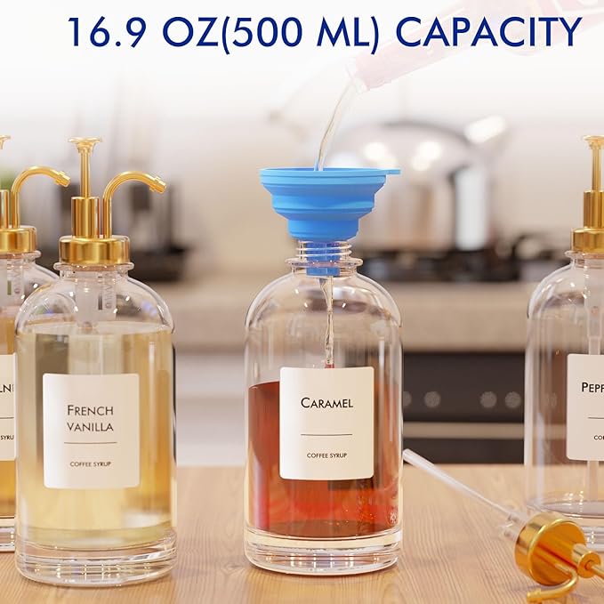 16.9 oz/500 ml Coffee Syrup Dispenser Set - 6 Glass Bottles with Gold Pumper and Syrup Labels - Precise Dispensing and Stylish Addition to Coffee Shop, Cafe or Home Bar