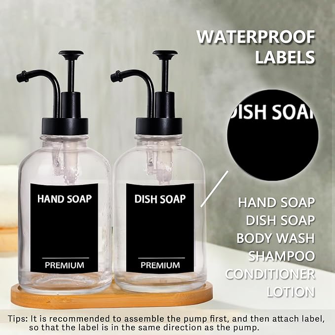 12oz Dish Soap Dispenser for Kitchen, Hand Glass Soap Dispenser Set with Pump, Tray, Funnel for Bathroom, Shower, Laundry, Liquid, Lotion (Black 2 Pack Clear Bottles with 12 Stickers)