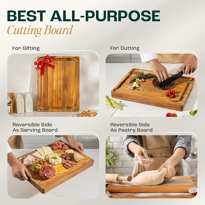 Yes4All Durable Acacia Cutting Boards for Kitchen, [20''Lx15''Wx1.5” Thick] Large Edge Grain Cutting Board, Pre Oiled Wood Cutting Boards, Thick Chopping Board w/Juice Grooves and Easy Grip Handle