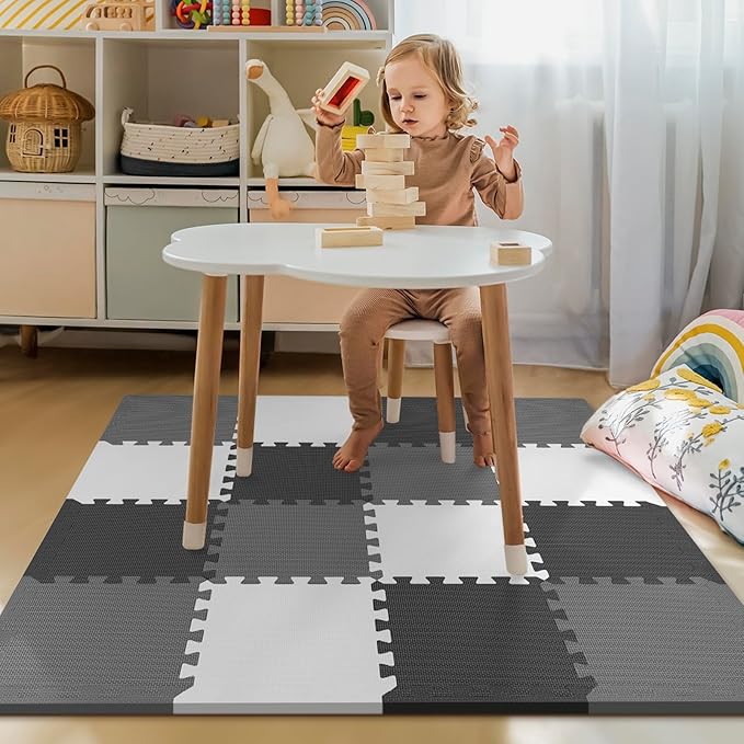 16 Tiles Baby Play Mat for Floor, EVA Foam Baby Floor Play Mat with 0.6 Inch Thick Interlocking Foam Tiles, Foam Floor Tiles for Baby, Toddlers and Kids (Gray-White- Black, 16PCS)