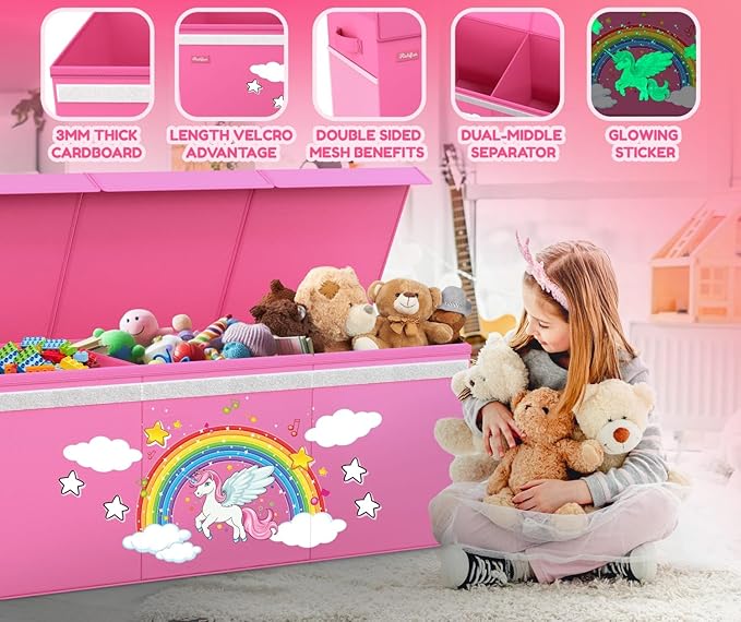 XL Unicorn Toy Box - Foldable & Collapsible Cardboard Toy Chest Storage, Glow in the Dark Stickers - Extra Large Organizer with Lid, Kids Storage with Removable Dividers & Mesh Pocket - Pink