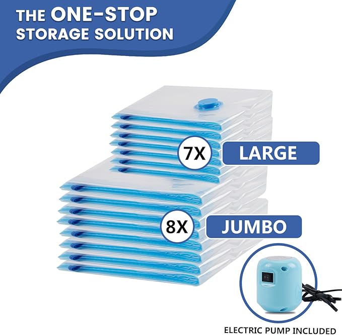 15 Pack Vacuum Storage Bags with Electric Pump, Space Saver Bags (8 Jumbo/7 Large) Compression for Comforters and Blankets, Sealer Clothes Storage Travel Essentials