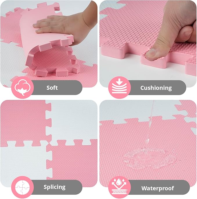16 Tiles Baby Play Mat for Floor, EVA Foam Baby Floor Play Mat with 0.6 Inch Thick Interlocking Foam Tiles, Foam Floor Tiles for Baby, Toddlers and Kids (Grey-White- Pink, 16PCS)