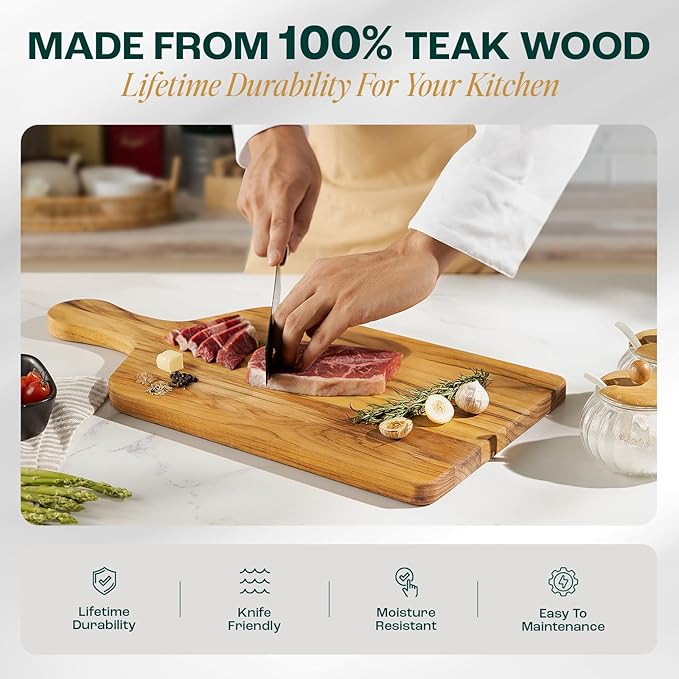 Yes4All Teak Cutting Boards for Kitchen, [20''Lx10''Wx0.75”] Ergonomic Handle Serving Board, Pre-Oiled Teak Wood Charcuterie Board, Multipurpose use for Slicing and Serving Wood Cutting Boards