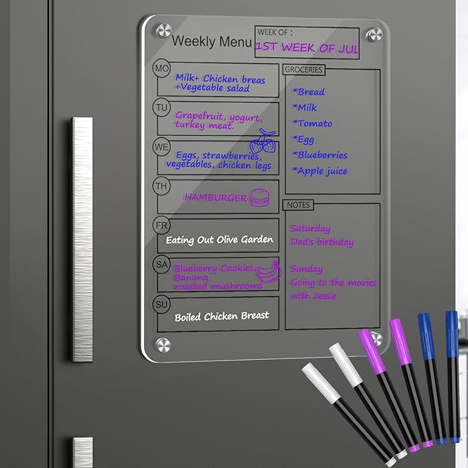 16''x12'' Acrylic Meal Planner Magnetic Menu Board for Kitchen Fridge, Clear Weekly Calendar Planning Board Noteboard Dry Erase Board to Do/Grocery/Shopping List/Chore Chart Includes 6 Markers