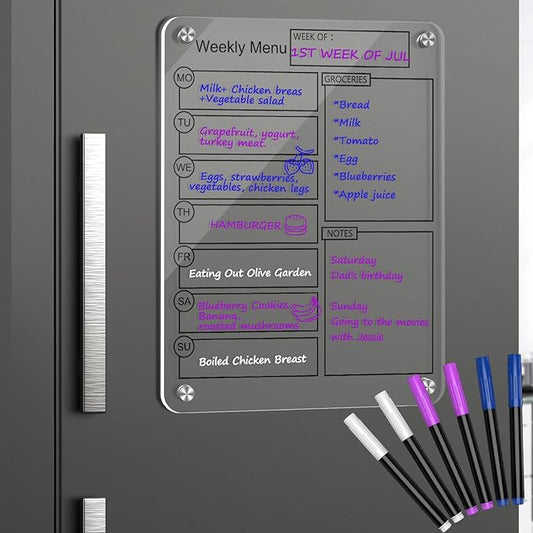 16''x12'' Acrylic Meal Planner Magnetic Menu Board for Kitchen Fridge, Clear Weekly Calendar Planning Board Noteboard Dry Erase Board to Do/Grocery/Shopping List/Chore Chart Includes 6 Markers