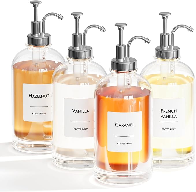 16.9 oz/500 ml Coffee Syrup Dispenser Set - 4 Glass Bottles with Silver Pumper and Syrup Labels - Precise Dispensing and Stylish Addition to Coffee Shop, Cafe or Home Bar