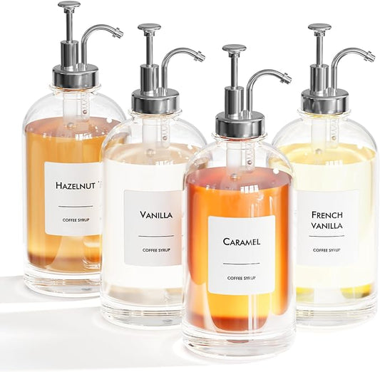 16.9 oz/500 ml Coffee Syrup Dispenser Set - 4 Glass Bottles with Silver Pumper and Syrup Labels - Precise Dispensing and Stylish Addition to Coffee Shop, Cafe or Home Bar