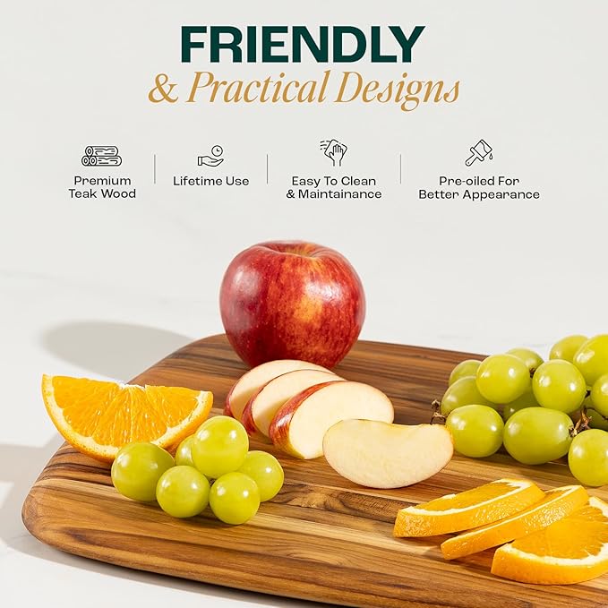 Yes4All Teak Cutting Boards for Kitchen, [16''Lx11''Wx0.6”] Easy Handle Serving Board, Pre-Oiled Teak Wood Charcuterie Board, Multipurpose use for Slicing, Serving, Decorating Wood Cutting Board