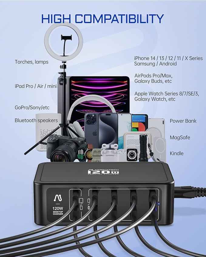 10-Ports USB C Charging Station, 120W Travel USB Power Strip with EU European Plug and US Plug, Multiport Charging Hub for iPhone 15/14/13/12, iPad Air/Pro, Galaxy -Black