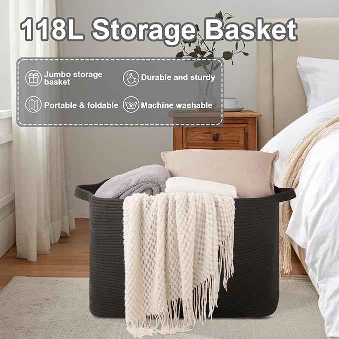 118L Extra Large Blanket Basket, 24.8" x 17.7" x 17.2" Woven Storage Basket for Living Room, Rectangle Nursery Blanket Storage for Toys, Towels, Dirty Clothes (Black)