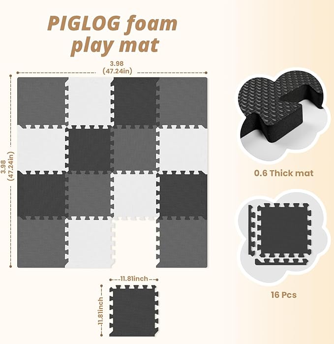 16 Tiles Baby Play Mat for Floor, EVA Foam Baby Floor Play Mat with 0.6 Inch Thick Interlocking Foam Tiles, Foam Floor Tiles for Baby, Toddlers and Kids (Gray-White- Black, 16PCS)