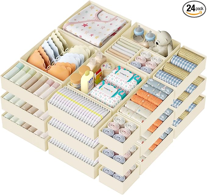 DIMJ Drawer Organizer Clothes Storage - 24 Pack Baby Dresser Organizer for Nursery, Small Fabric Closet Drawer Organizer Bins for Underwears Socks, Foldable Storage Dividers Organization for Bedroom