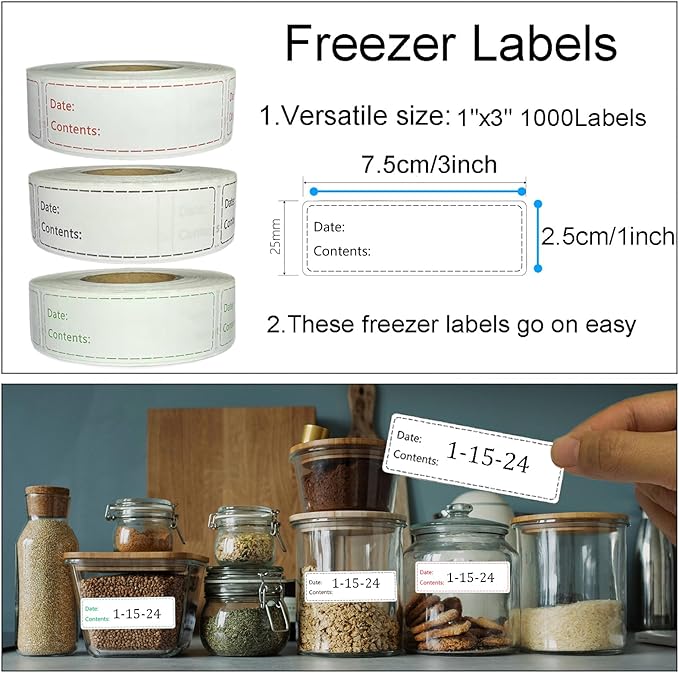 1000pcs Freezer Labels,1x3 inch for Food containers,Food Labels Quick and Easy to Remove- Easy to Write on(Black)