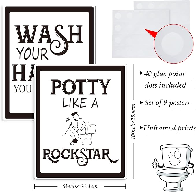Zonon 9 Pieces Bathroom Wall Decor, Funny Vintage Bathroom Signs Washroom Quotes Sayings Art Prints Washroom Posters for Wall Restroom Toilet Decoration Pictures, Unframed(Black Font)