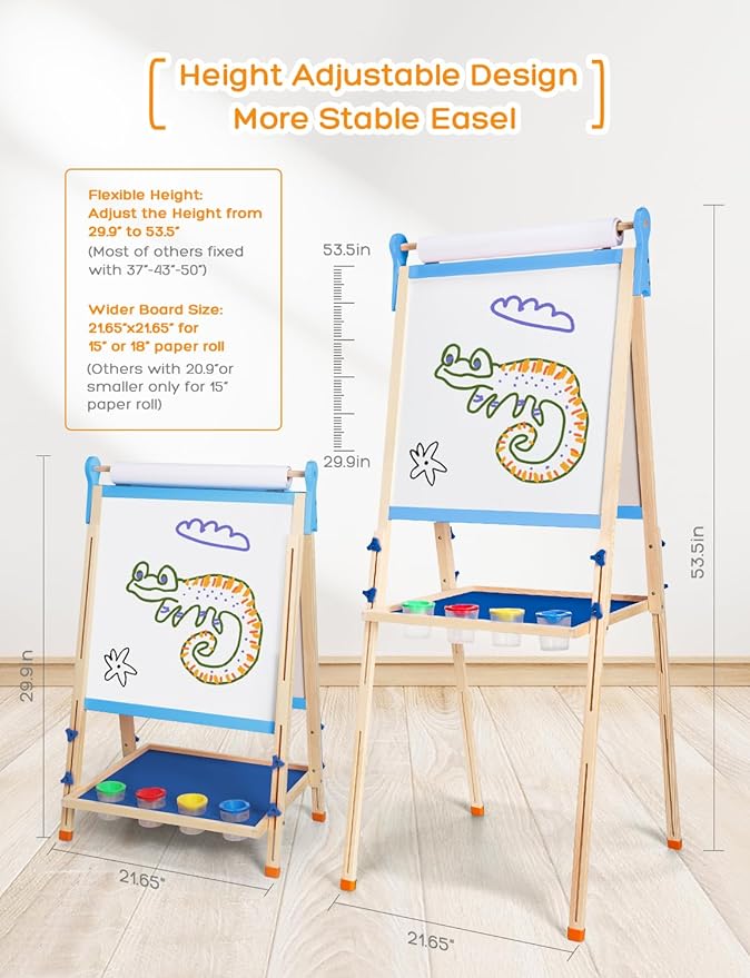 YOHOOLYO Kids Easel Wooden Children Art Easel Paper Roll,Double Sided Magnetic Whiteboard Chalkboard Dry Eraser Adjustable Height for Boys Girls Gifts