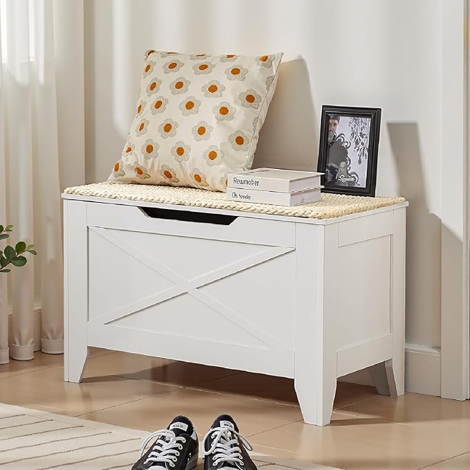 VECELO 30" Storage Chest with Lift Top Storage, Farmhouse Style Ottoman with Handwoven Wicker Cushion, Safety Hinges, Ideal for Entryway, Bedroom, Living Room, Ivory White