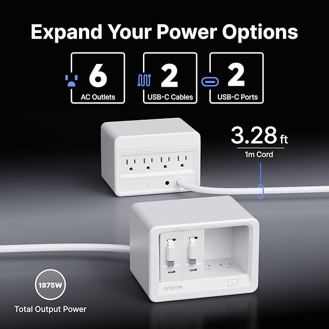 10-in-1 Desktop Charging Station with 2 Retractable Wall Chargers, 40W USB-C Power Strip with 6 AC, 2 USB C, 2 Type-C 31.5in Cables, Extension Cord with 1020J Surge Protection for Home Office
