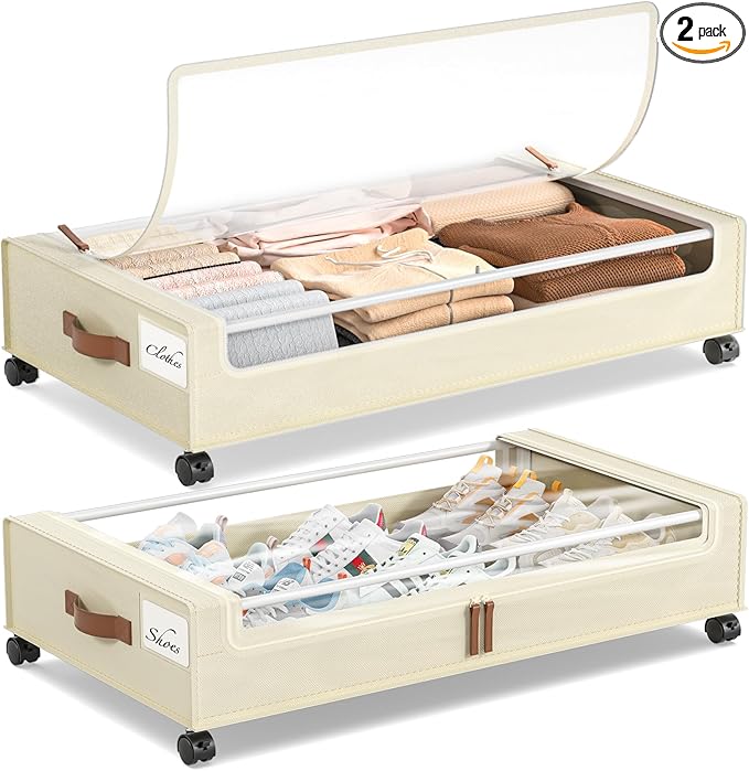 Yecaye Under Bed Storage with Wheels, 2 Pack Under Bed Storage Containers, 60L Underbed Shoe Storage with Clear Window & Label, Rolling Under Bed Metal Drawer for Clothes, Shoes,Toys, Books, Blankets