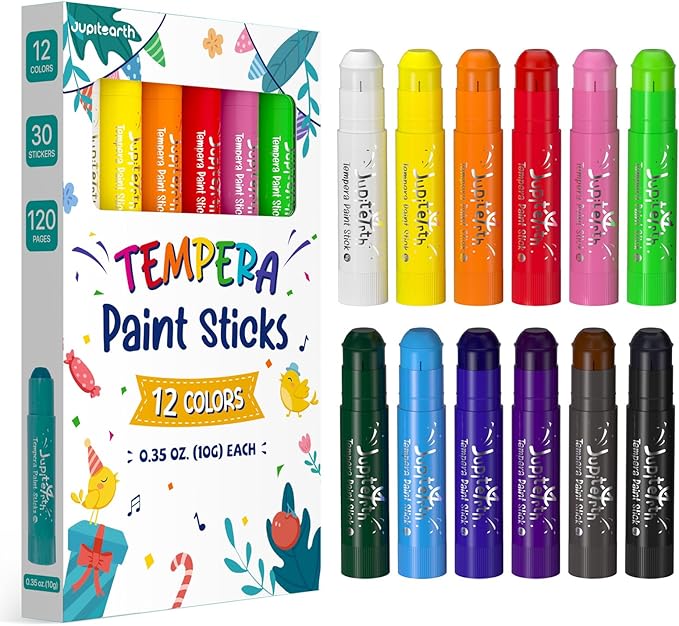 12 Colors Tempera Paint Sticks with 120 PDF Coloring Pages and 30 Stickers, Quick Drying, Smooth, Non-Toxic and Washable Paint Sticks for Kids Drawing on Pumpkin, Wood, Rock, Glass