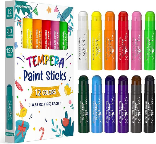 12 Colors Tempera Paint Sticks with 120 PDF Coloring Pages and 30 Stickers, Quick Drying, Smooth, Non-Toxic and Washable Paint Sticks for Kids Drawing on Pumpkin, Wood, Rock, Glass