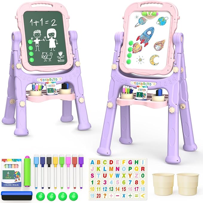 YOHOOLYO Kids Easel Standing Art Easel for Kids, Double Sided Children Pink Purple Easel Magnetic Chalkboard Whiteboard Dry Eraser Board Great Gift for Girls