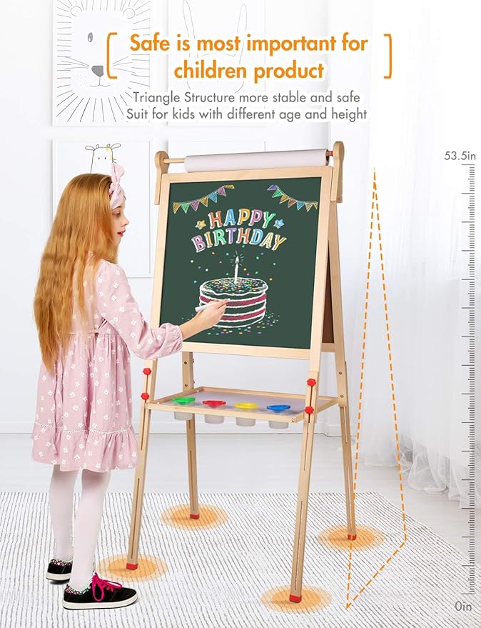 YOHOOLYO Kids Easel Wooden Children Art Easel Paper Roll,Double Sided Magnetic Whiteboard Chalkboard Dry Eraser Adjustable Height for Boys Girls Gifts