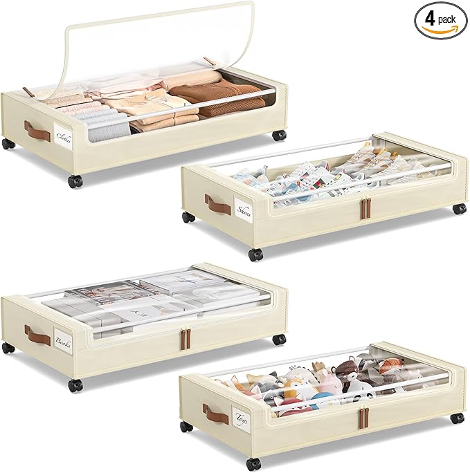 Yecaye 4 Pack Under Bed Storage with Wheels, Under Bed Storage Containers with Lids, Large Under Bed Rolling Storage with Clear Window & Label, Rolling Drawers for Clothes, Blankets, Books