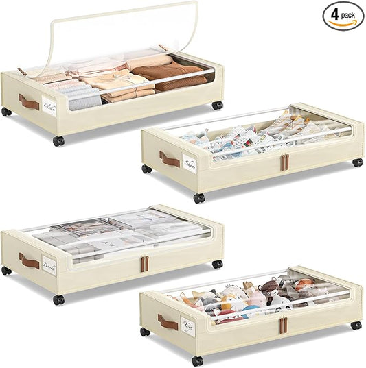 Yecaye 4 Pack Under Bed Storage with Wheels, Under Bed Storage Containers with Lids, Large Under Bed Rolling Storage with Clear Window & Label, Rolling Drawers for Clothes, Blankets, Books