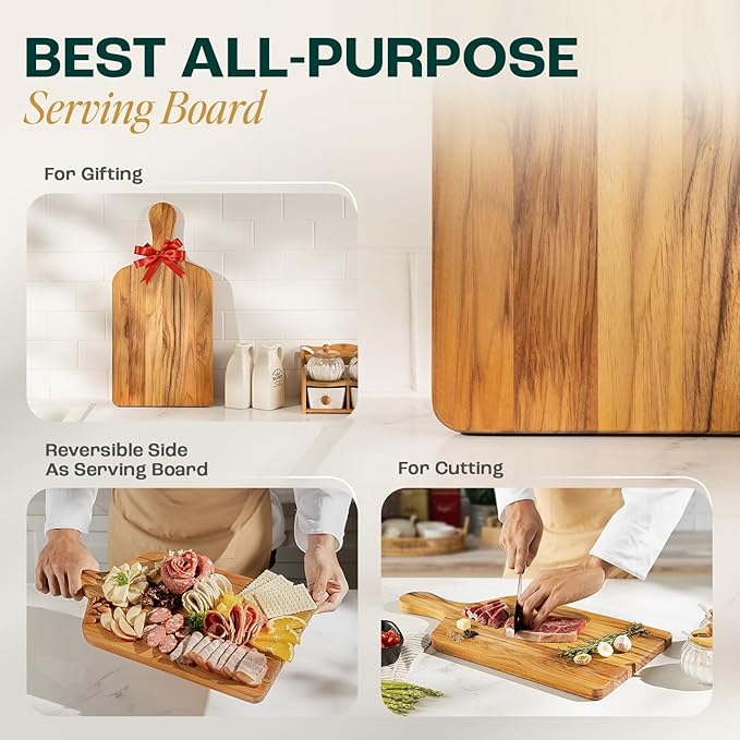 Yes4All Teak Cutting Boards for Kitchen, [20''Lx10''Wx0.75”] Ergonomic Handle Serving Board, Pre-Oiled Teak Wood Charcuterie Board, Multipurpose use for Slicing and Serving Wood Cutting Boards