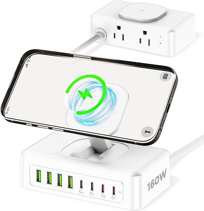 160W USB Charging Station Power Strip, 11-in-1 USB C Charger Block, 2AC Outlets with 8USB Ports(4USB-C), 5FT Flat Plug Extension Cord, Fast Charging Desktop Charger for Home Office Dorm Room, White