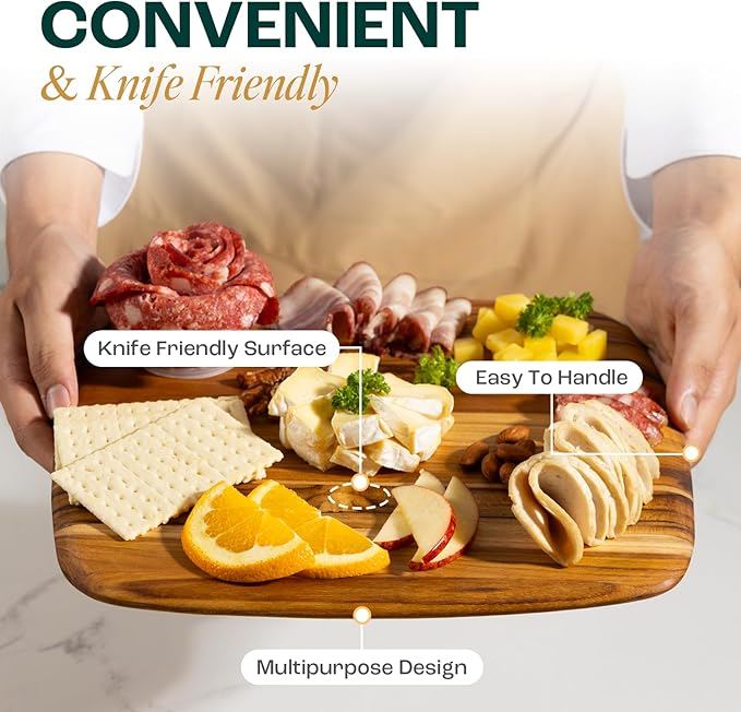 Yes4All Teak Cutting Boards for Kitchen, [16''Lx11''Wx0.6”] Easy Handle Serving Board, Pre-Oiled Teak Wood Charcuterie Board, Multipurpose use for Slicing, Serving, Decorating Wood Cutting Board