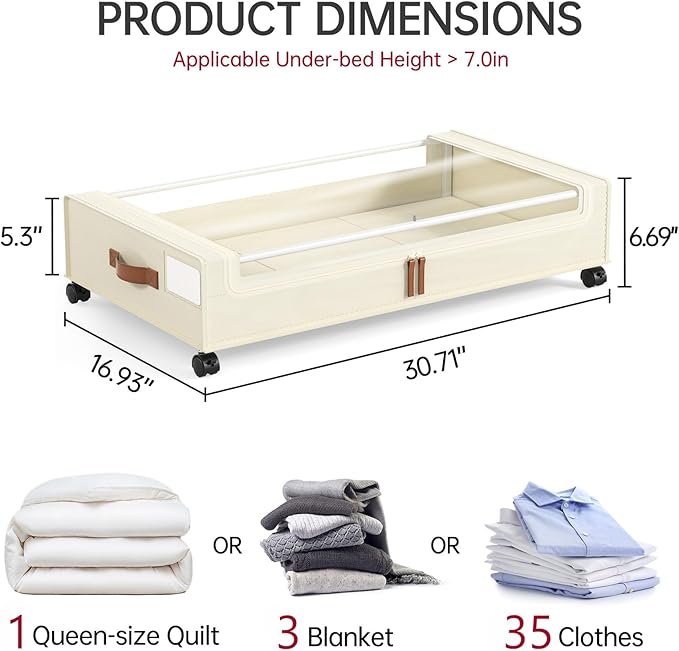 Yecaye Under Bed Storage with Wheels, 2 Pack Under Bed Storage Containers, 60L Underbed Shoe Storage with Clear Window & Label, Rolling Under Bed Metal Drawer for Clothes, Shoes,Toys, Books, Blankets