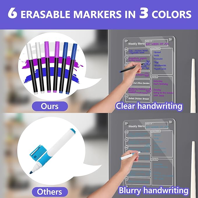 16''x12'' Acrylic Meal Planner Magnetic Menu Board for Kitchen Fridge, Clear Weekly Calendar Planning Board Noteboard Dry Erase Board to Do/Grocery/Shopping List/Chore Chart Includes 6 Markers