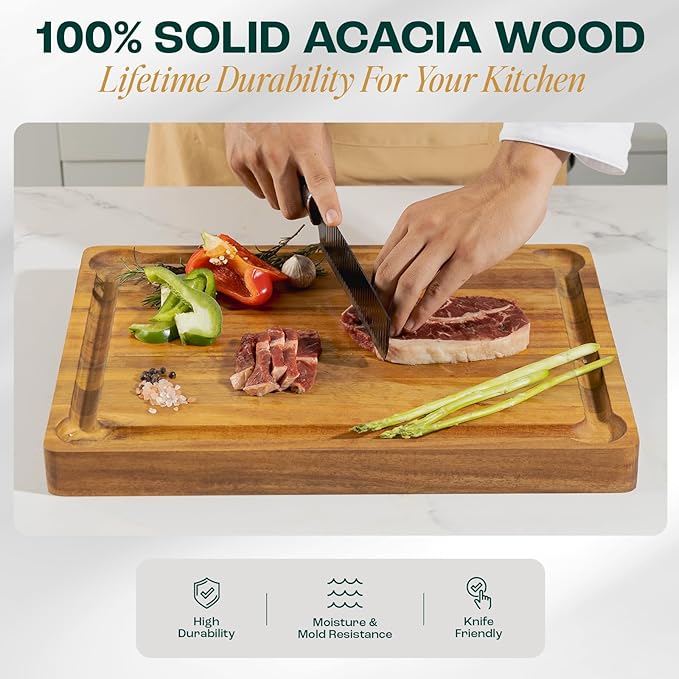 Yes4All Durable Acacia Cutting Boards for Kitchen, [17''Lx13''Wx1.5” Thick] Medium Edge Grain Cutting Board, Pre Oiled Wood Cutting Boards, Thick Chopping Board w/Juice Grooves and Easy Grip Handle