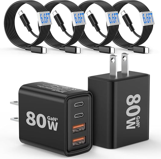 [2-Pack] USB C Wall Charger,80W 4-Port Type C Fast Charging Block,USBC Multiport Wall Plug PD&QC GaN Charging Cube with 6.6FT USB C Cable for iPhone 16/15/14/13/12/11/Pro Max/XS/XR, iPad, Samsung