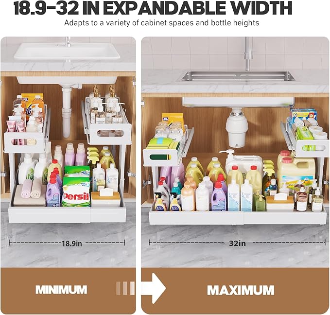 1 Pack-19"-32"W Expandable Under Sink Organizer With Upgrade Ball-Bearing Slide,2-Tier Pull Out Under Cabinet Organizer Height Adjustable,Not Suitable For Cabinets With Partitions In The Middle